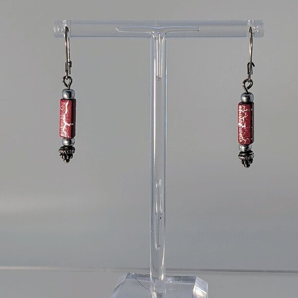 Handcrafted Red & Silver Dangle Earrings With Glass Beads - Picture 1 of 5